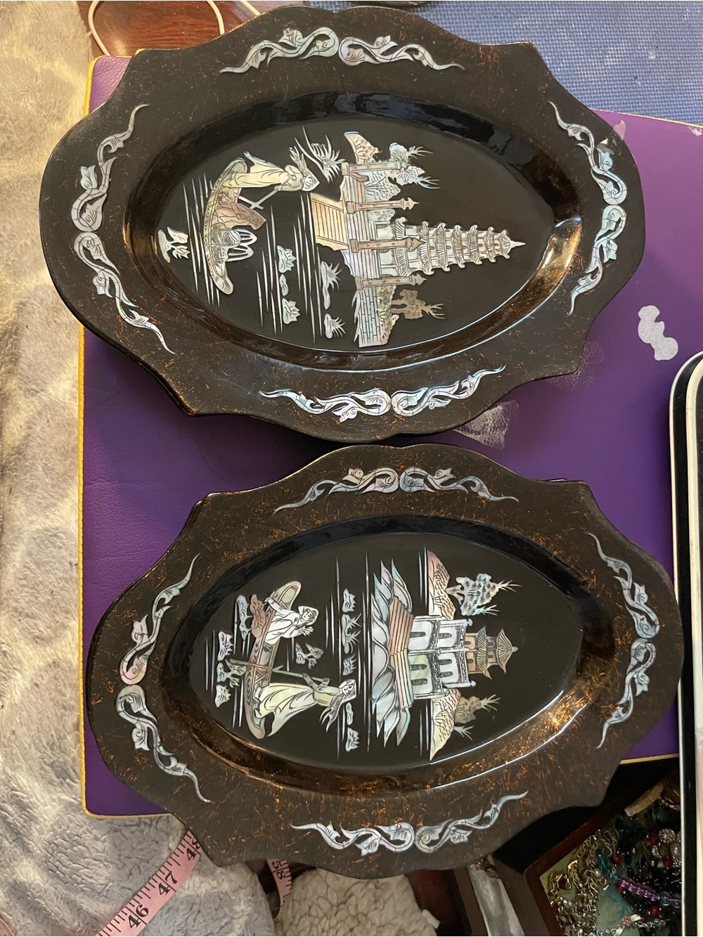 Hand-Painted Black Lacquer Decorative Serving Trays with Mother-of-Pearl Inlay